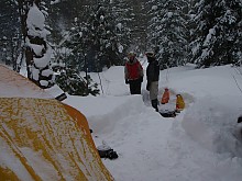 We were frozen by the time we made camp ... but had full intentions of making a snow quinzee. As you can see we had plenty of `white gold` to work with.